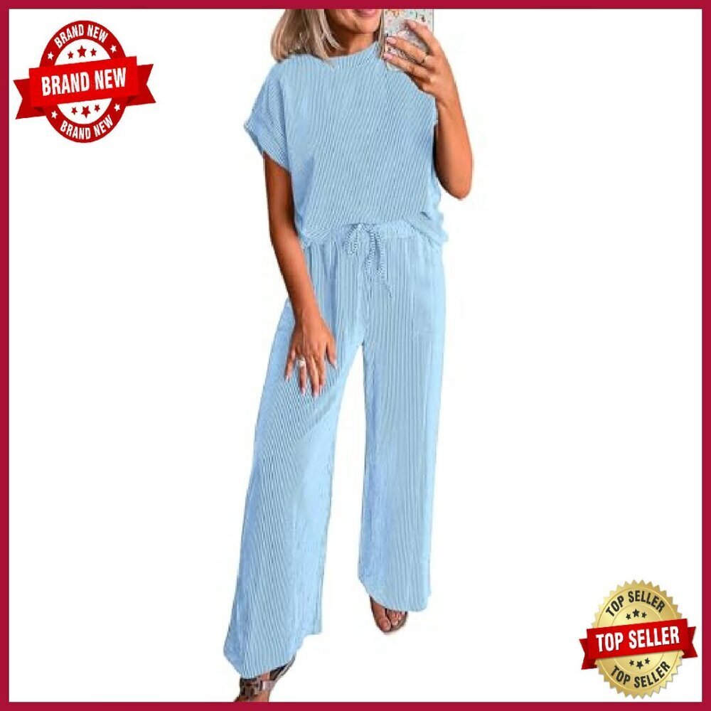 Ribbed Knit Lounge Set: Short Sleeve Top & Wide Leg Pants - Picture 2 of 8